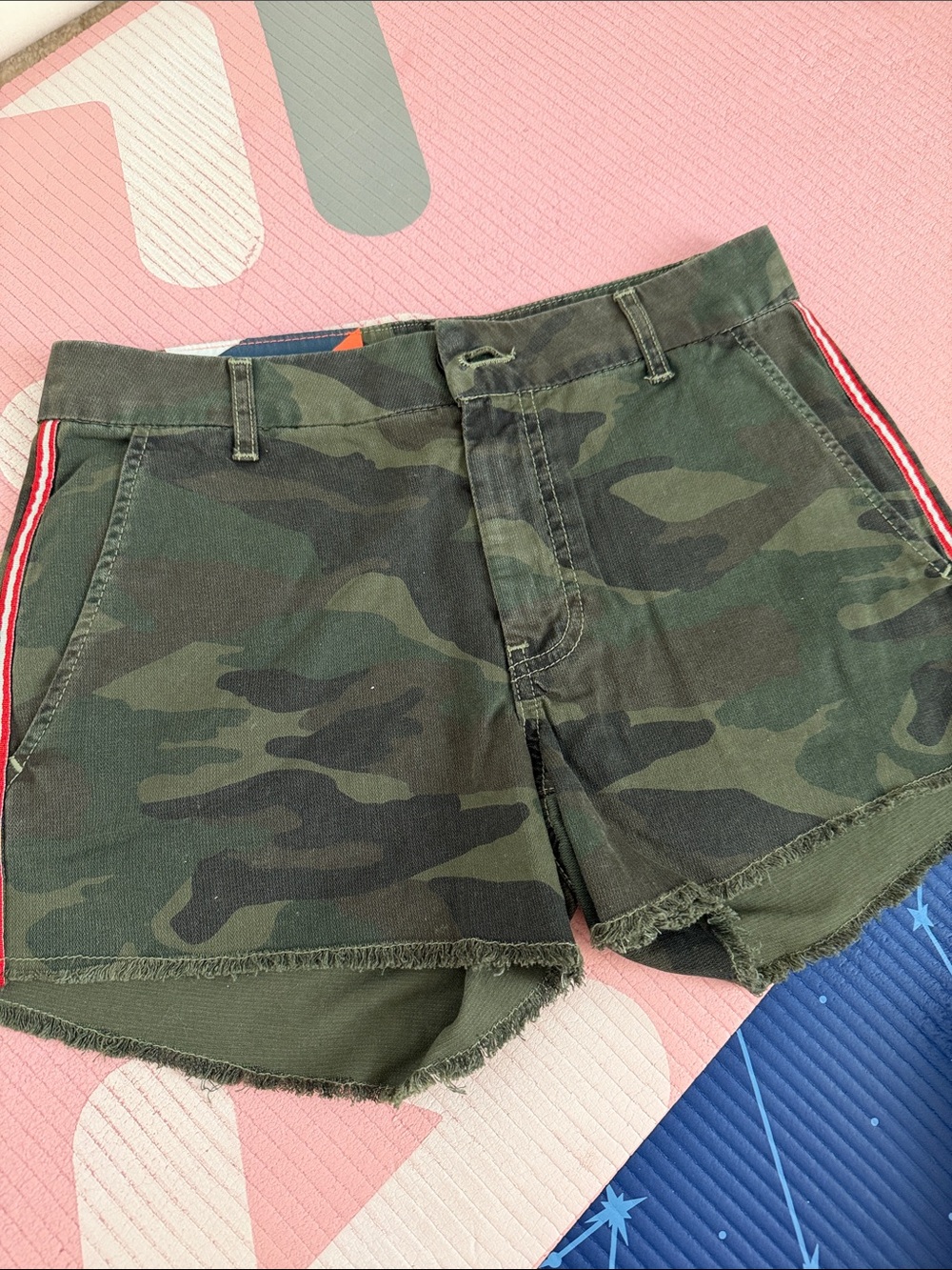 Sundry Camo Frayed Hem Shorts with Red Stripe